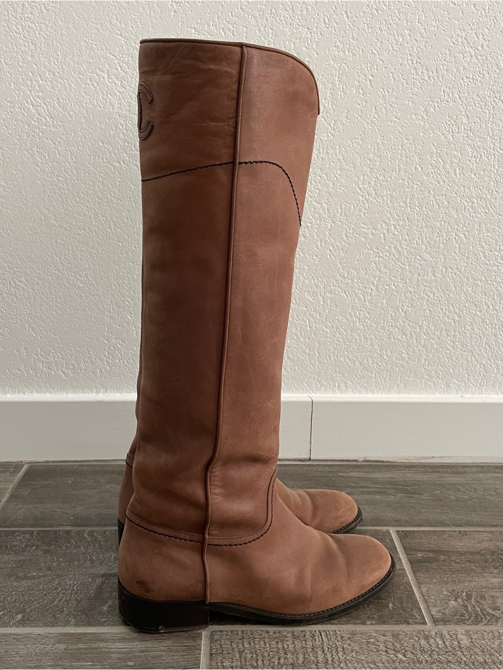 CHANEL Brown Leather Knee-High CC Logo Riding Western Boots - Picture 2 of 12